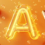 A vitamīns – olas, zivis, aprikozes un zaļumi kā dabiski avoti uz oranža fona