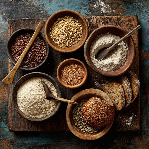 Dažādi labības un graudaugu produkti koka traukos uz galda – graudi, milti, maize