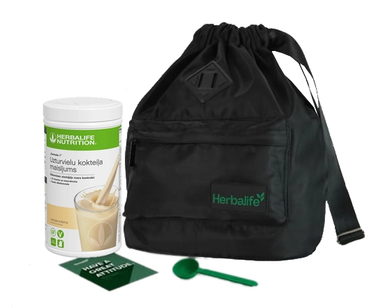 Herbalife neatkarīgais partnera komplekts – melna mugursoma ar Herbalife logotipu, produktu katalogs un motivācijas kartīte.